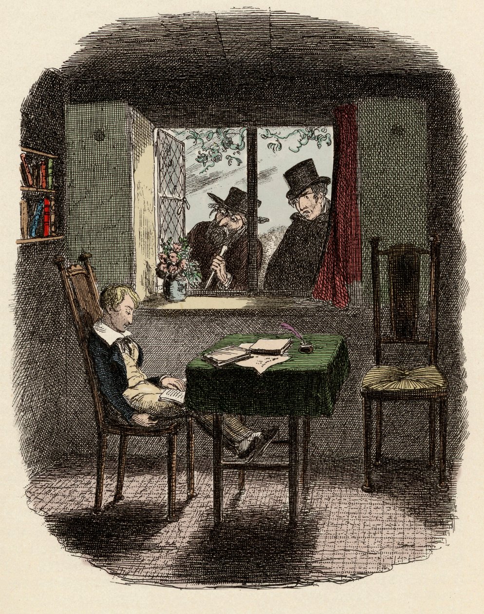 Monks en Fagin observeren Oliver die slaapt in de Maylie-bibliotheek - Monks en de Jood - Illustratie voor 