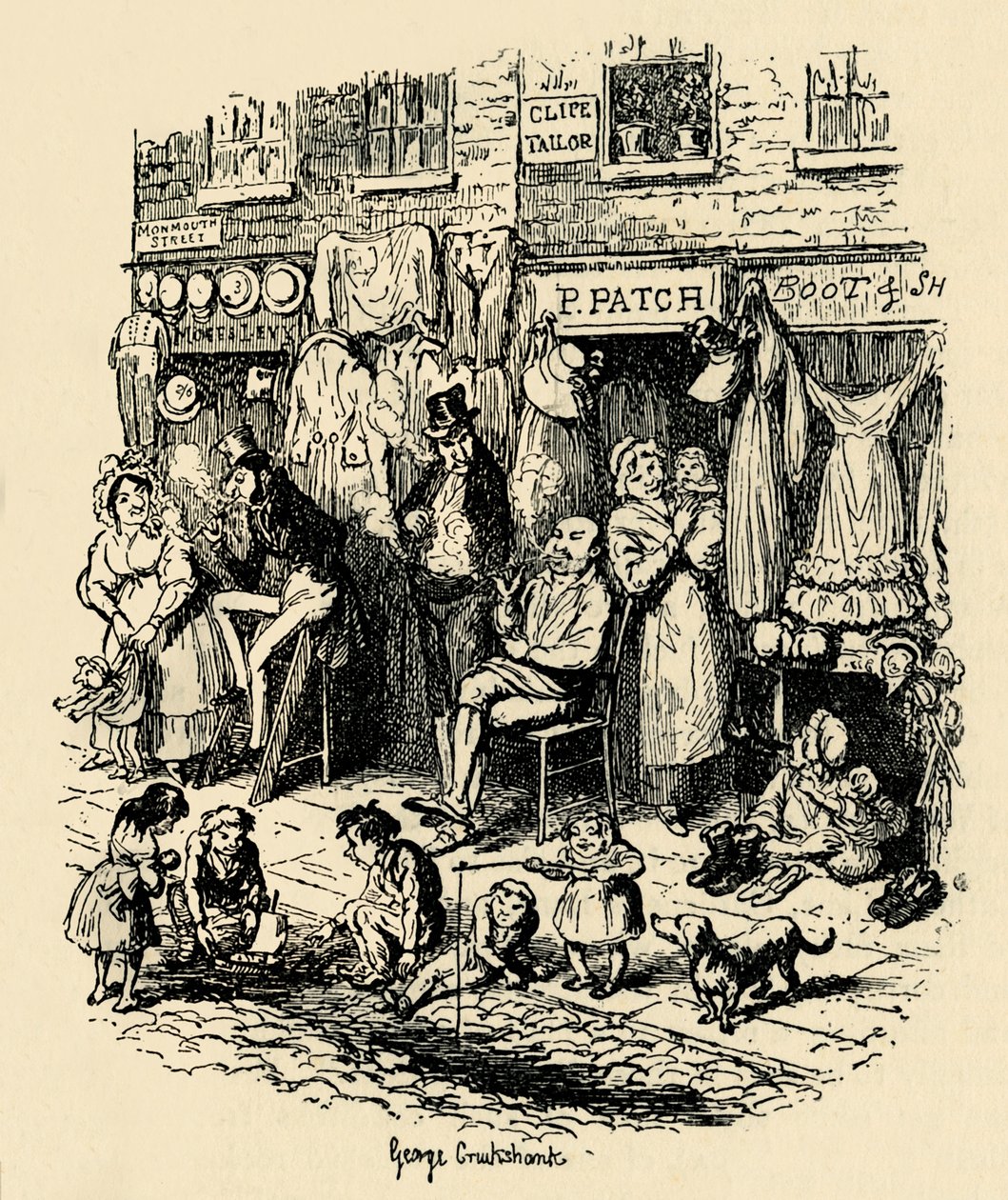 Monmouth Street, Soho, een illustratie door G. Cruikshank voor Dickens