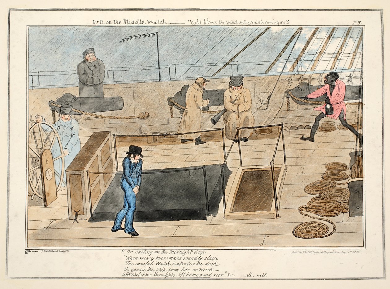 Mr. B tijdens de middenwacht - de wind waait koud en de regen komt opzetten, uit The Progress of a Midshipman, uitgegeven 1835 door George Cruikshank
