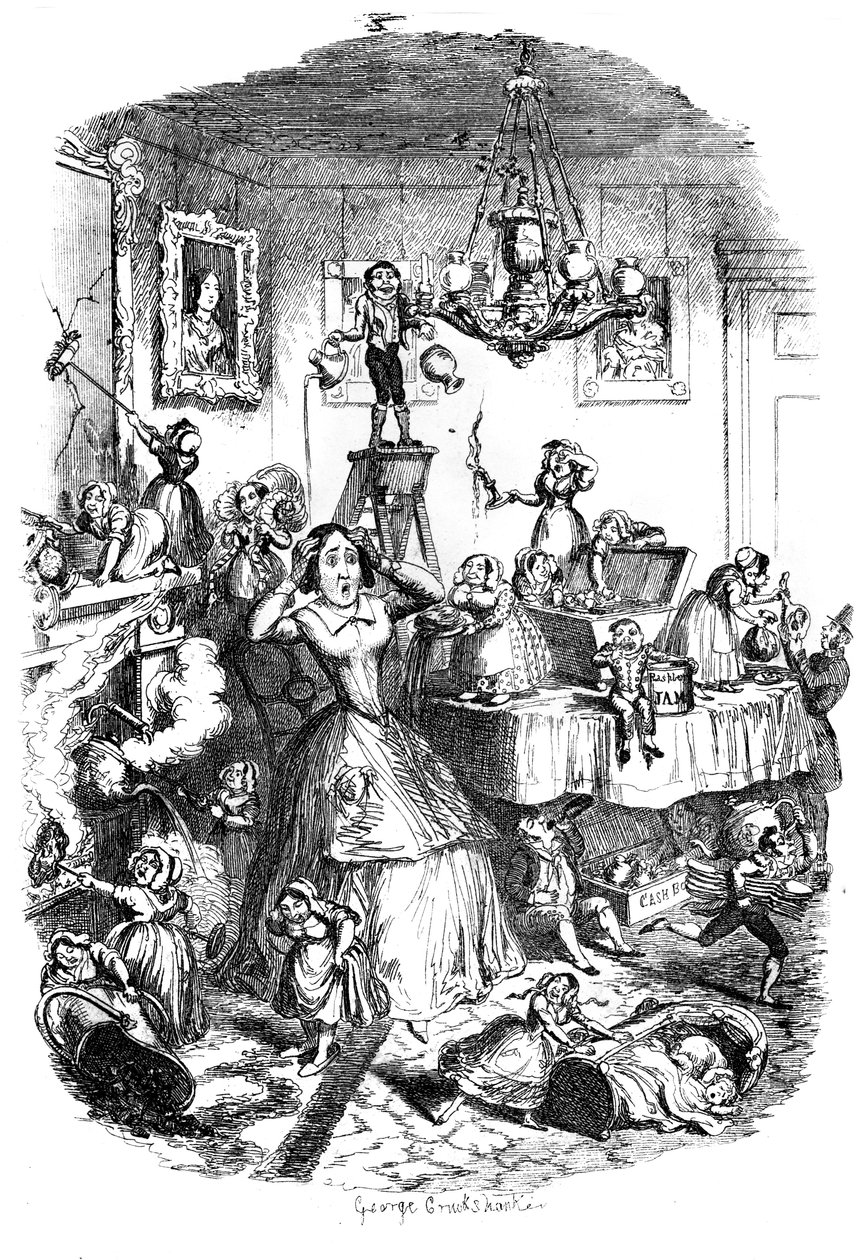 Bijna dood van zorgen door de Grootste Plaag van het Leven, ca. 1840s door George Cruikshank