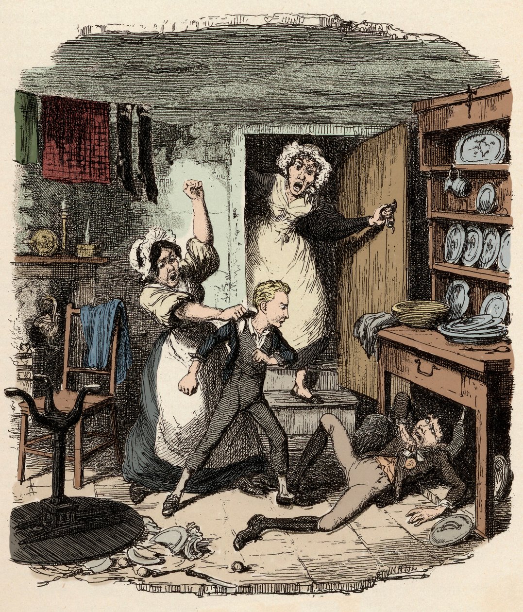 Oliver verzamelt moed - Illustratie voor "Oliver Twist" (De avonturen van Oliver Twist) door Charles Dickens (1812-1870), door George Cruikshank (1792-1878) door George Cruikshank