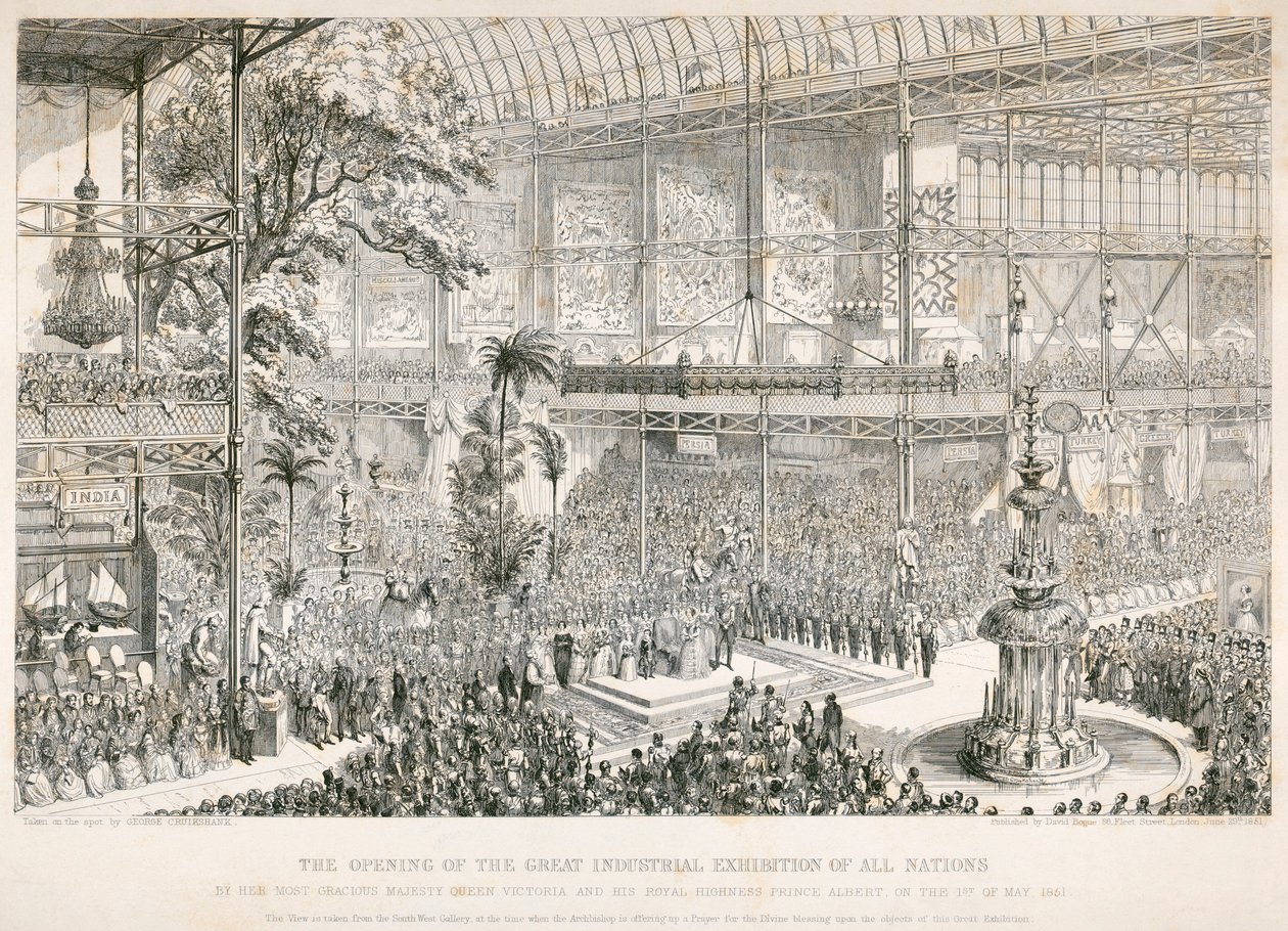 Opening van de Grote Tentoonstelling, Crystal Palace, Hyde Park, Londen, 1851 door George Cruikshank