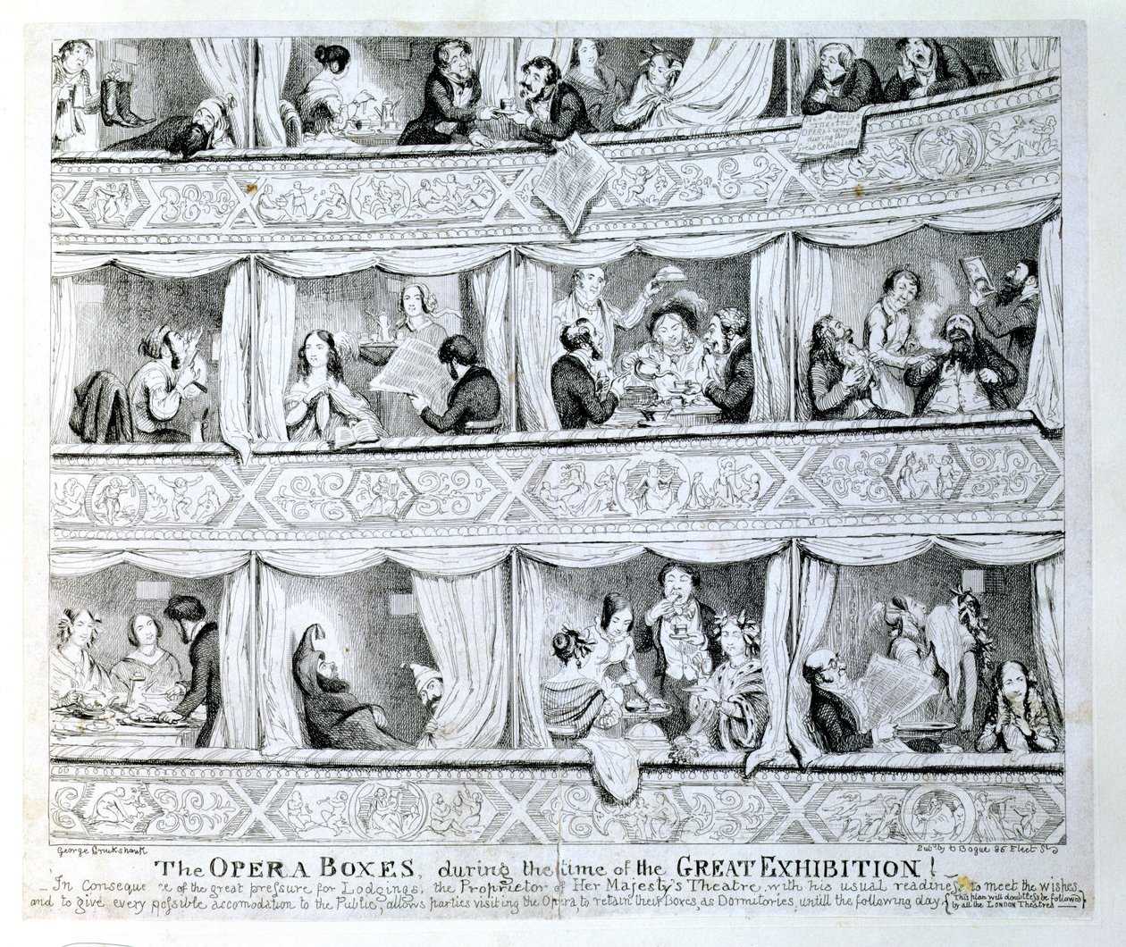 Opera boxen tijdens de tijd van de Grote Tentoonstelling, ca. 1851 door George Cruikshank