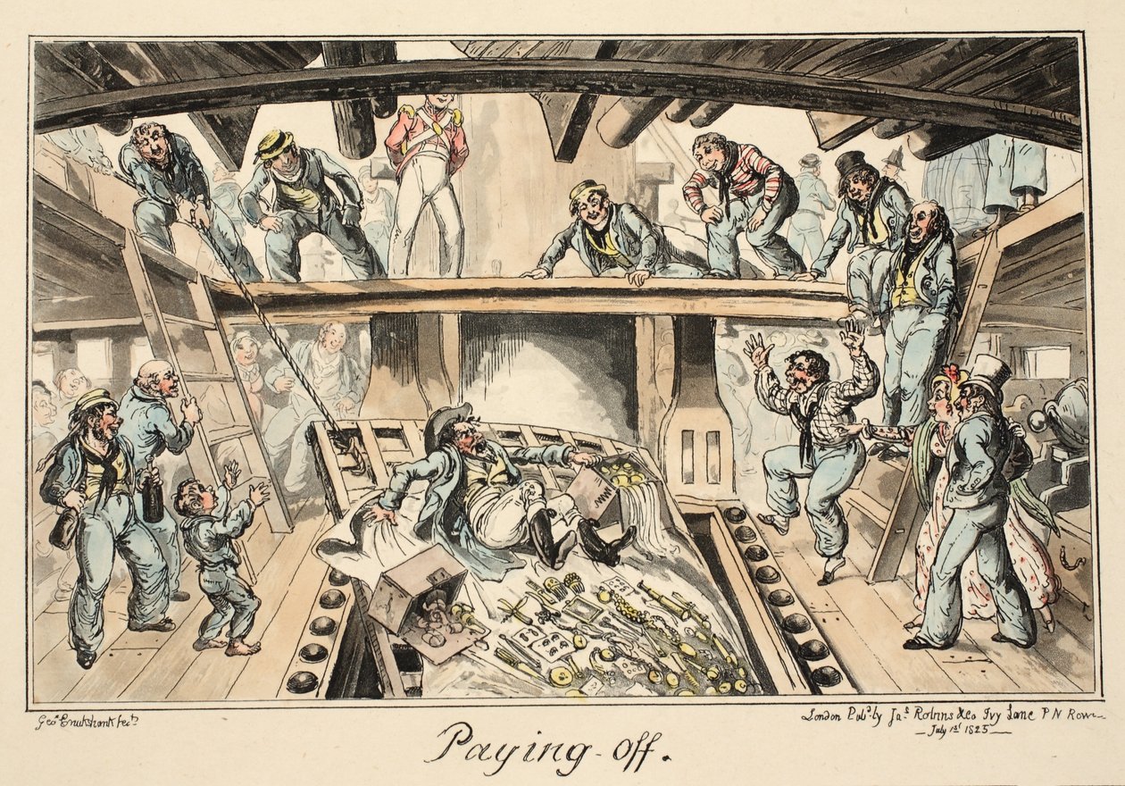 Afbetalen, uit Greenwich Hospital, een serie maritieme schetsen, beschrijvend het leven van een marineman, uitgegeven 1826 door George Cruikshank