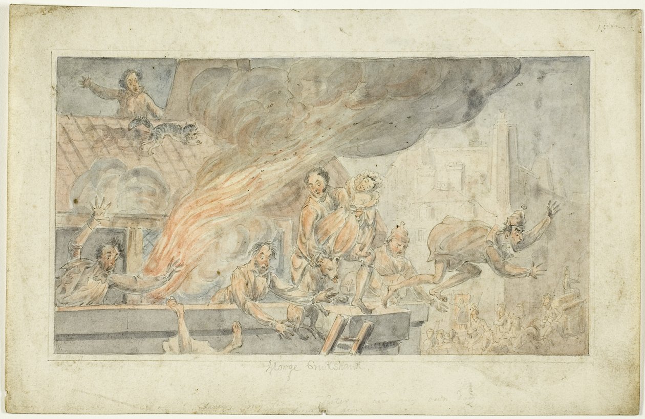 Mensen op de vlucht voor een brandend gebouw door George Cruikshank