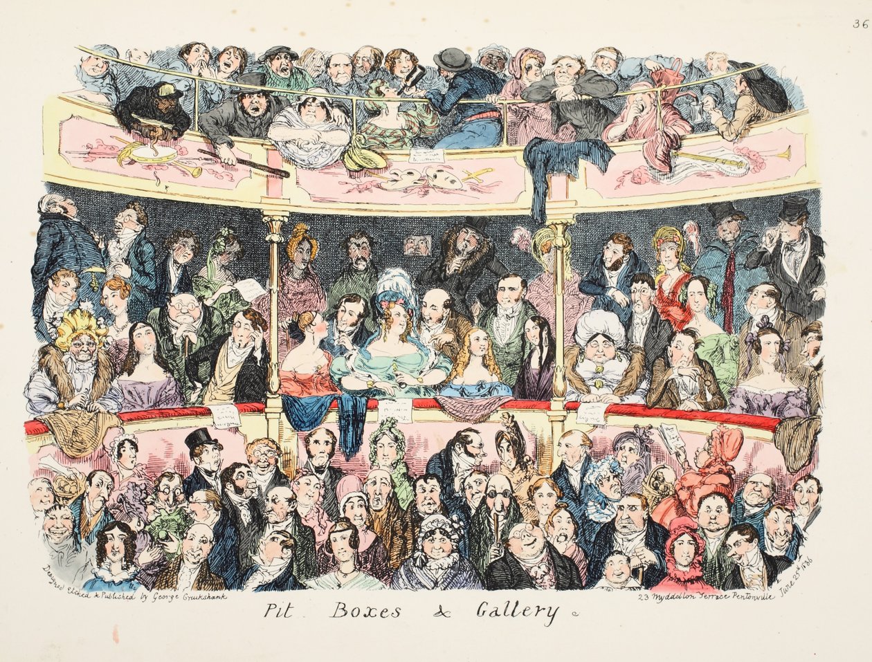 Pit Boxes en Gallery, gepubliceerd 1836 door George Cruikshank