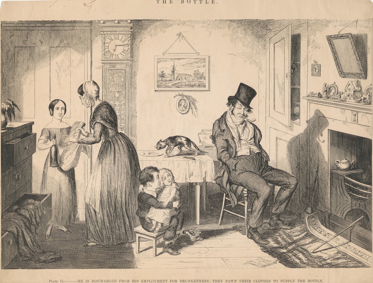 Plaat II: Hij wordt wegens dronkenschap ontslagen door George Cruikshank