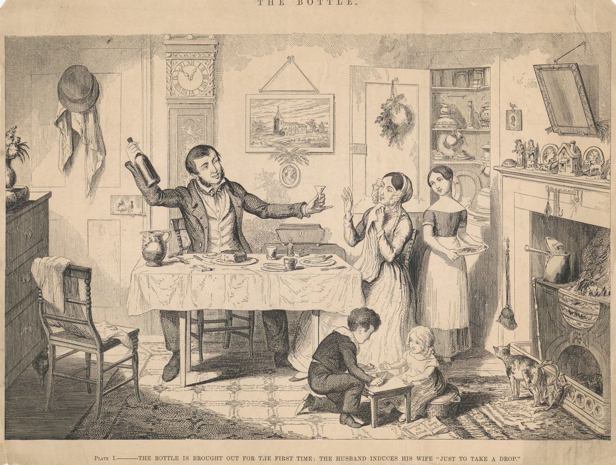 Plaat I, De fles wordt voor het eerst tevoorschijn gehaald door George Cruikshank