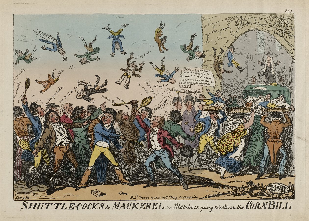 Shuttlecocks en Makreel, of Leden die gaan stemmen over de Corn Bill, 14 maart door George Cruikshank