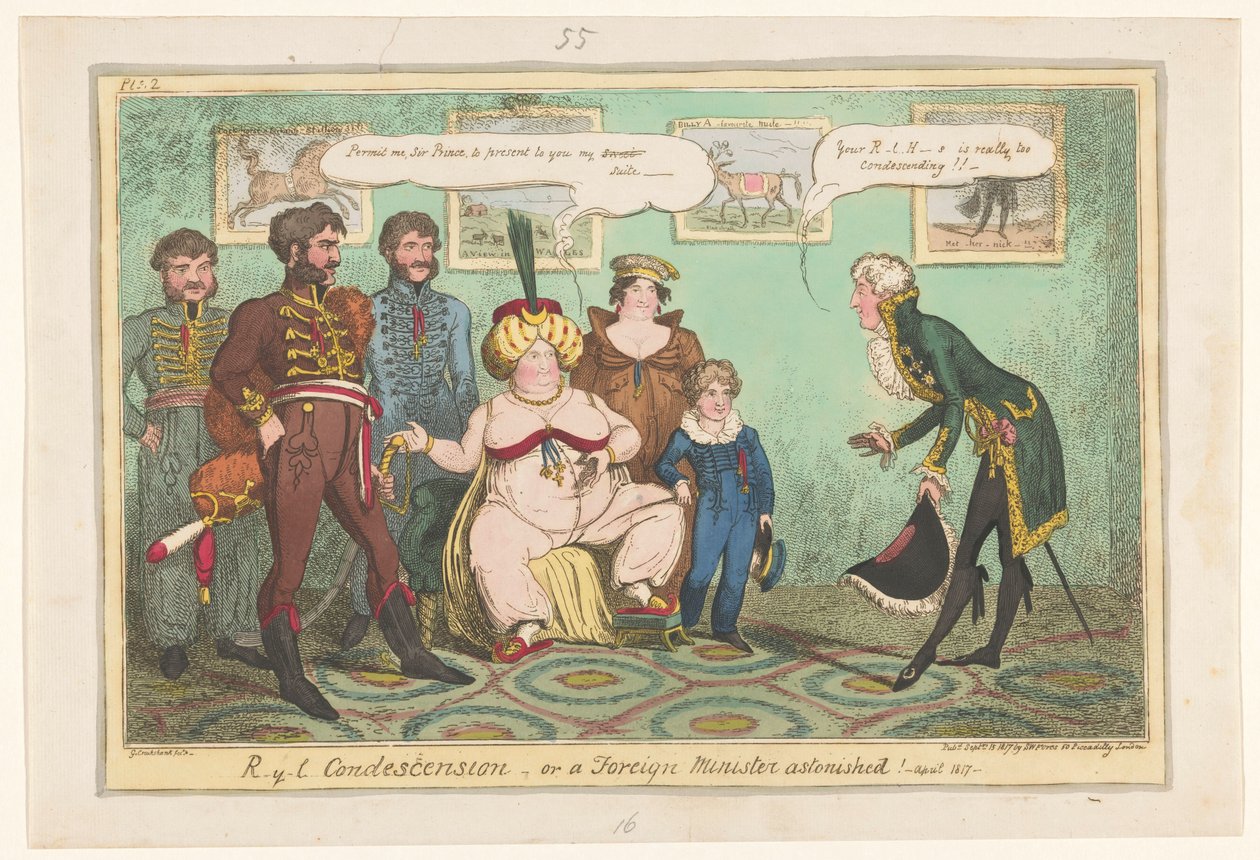 Spotprent op prinses Caroline, 1817 door George Cruikshank