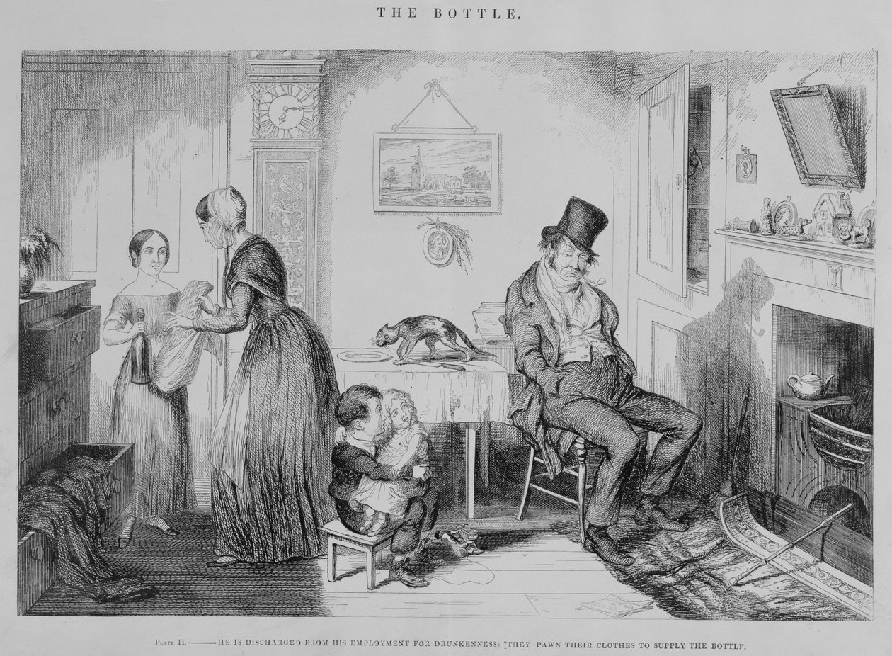 De Fles, Plaat II, Hij wordt ontslagen wegens dronkenschap: ze verpanden hun kleren om de fles te vullen, 1847 door George Cruikshank
