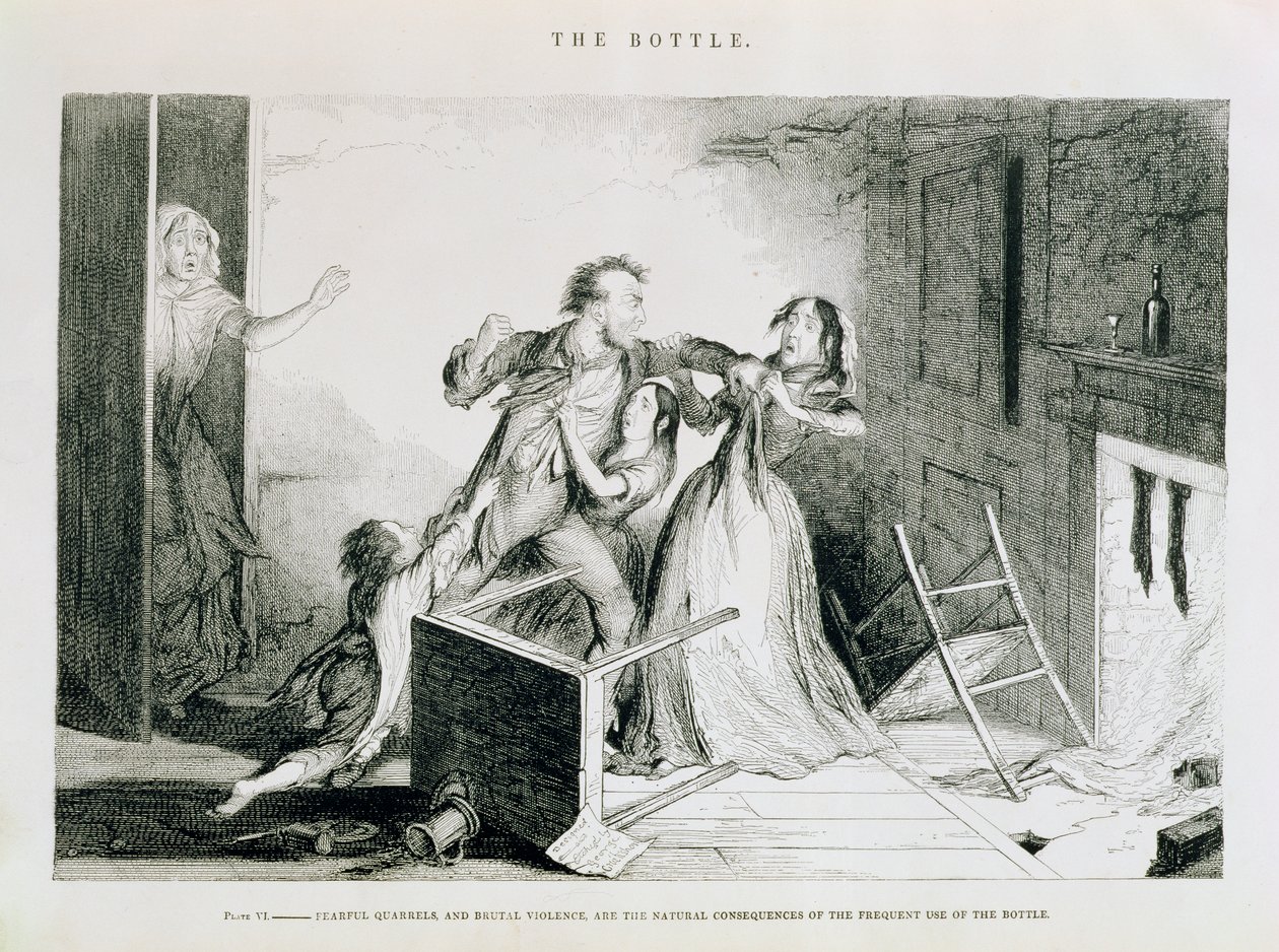 De fles, plaat VI, Angstaanjagende ruzies en brute geweldplegingen zijn de natuurlijke gevolgen van frequent gebruik van de fles, 1847 door George Cruikshank