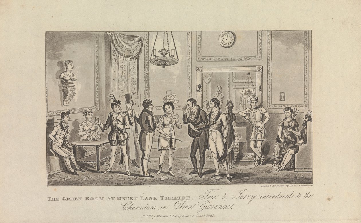 De Groene Kamer in Drury Lane Theatre door George Cruikshank