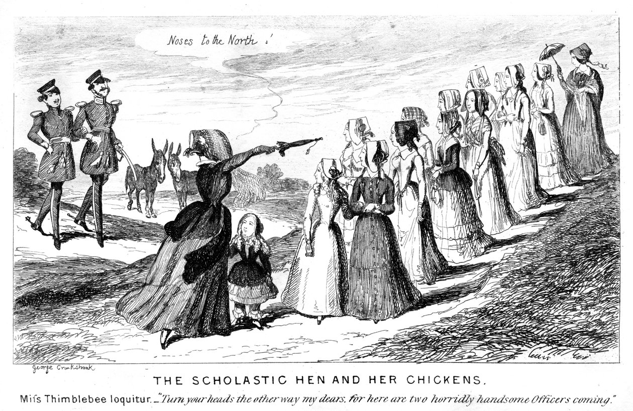 De scholastieke hen en haar kuikens, 19e eeuw door George Cruikshank