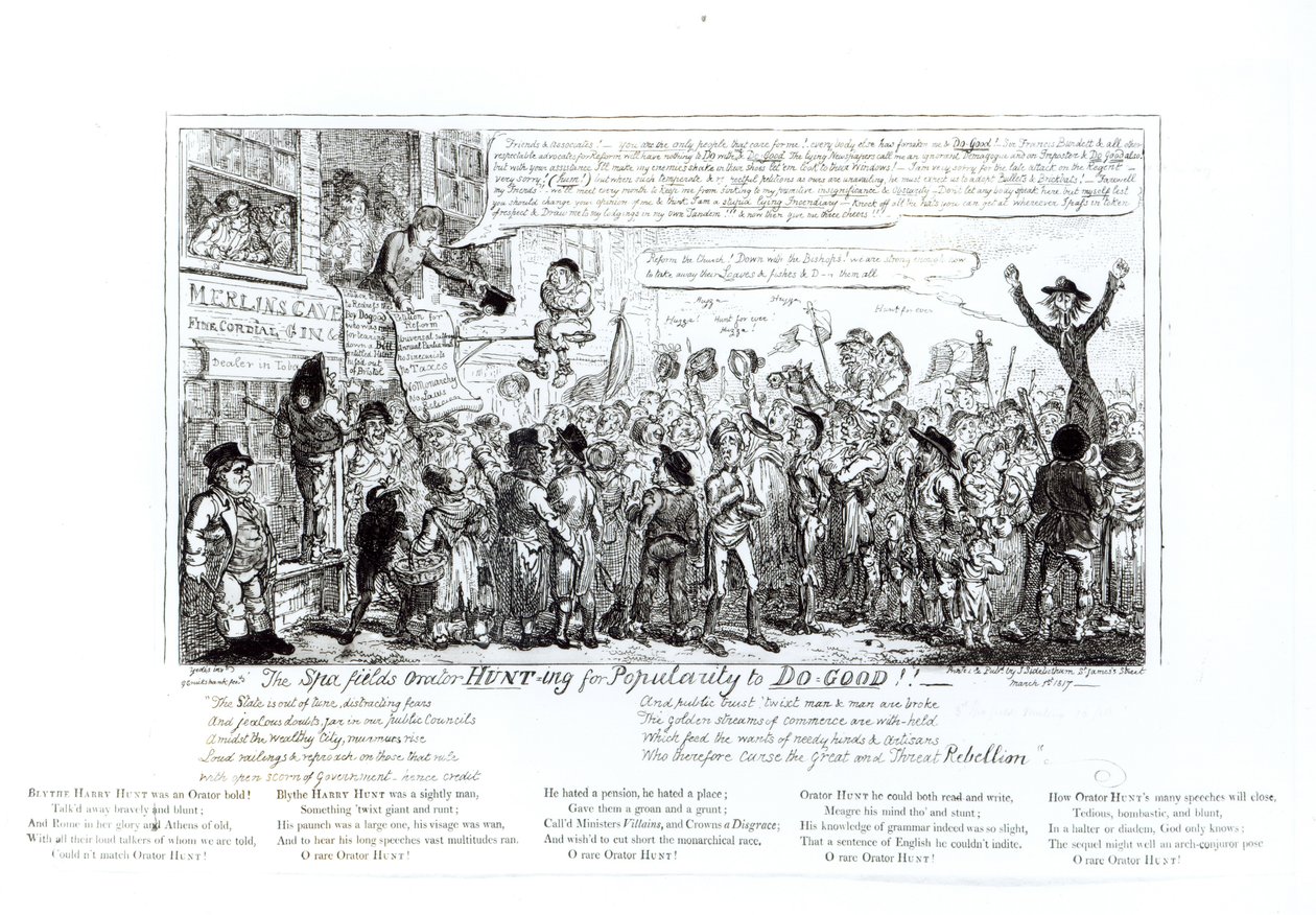 De Spa Fields Orator Jaagt op Populariteit om Goed te Doen!!, uitgegeven door J. Sidebotham, 1817 door George Cruikshank