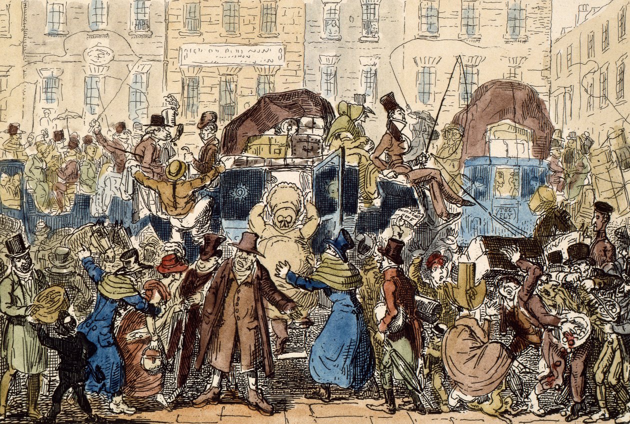 Reizen in Engeland, of een Glimp vanuit de White Horse Cellar, 1819 door George Cruikshank