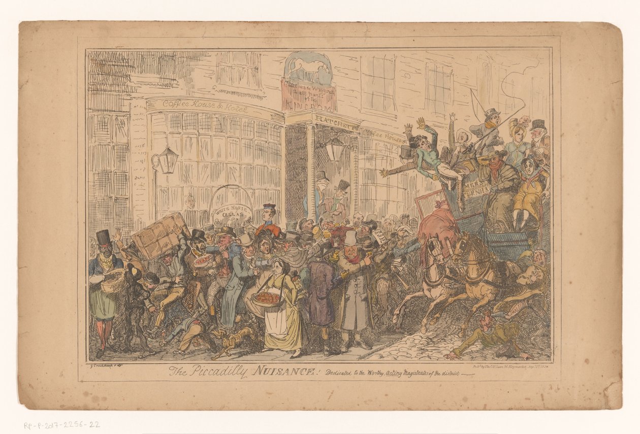 Verkeerschaos buiten het hotel Old White Horse Cellar in Piccadilly (The Piccadilly Nuisance! Dedicated to the worthy, acting magistrates of the district) door George Cruikshank