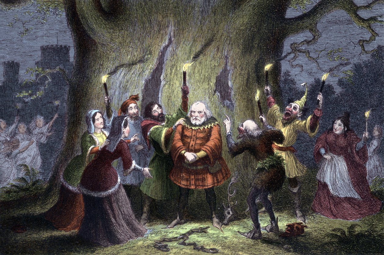 William Shakespeare De vrolijke vrouwtjes van Windsor, toneelstuk voor het eerst opgevoerd in 1597 of 1600. Falstaff, die zijn vermeende afspraak met Mevrouw Ford als Herne de Jager in Windsor Forest heeft nagekomen en door 