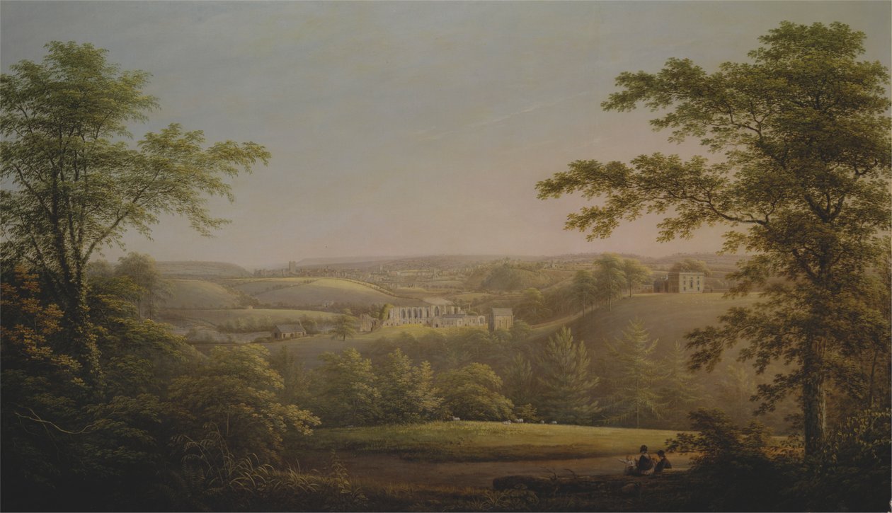 Easby Hall en Easby Abbey met Richmond, Yorkshire op de achtergrond door George Cuitt