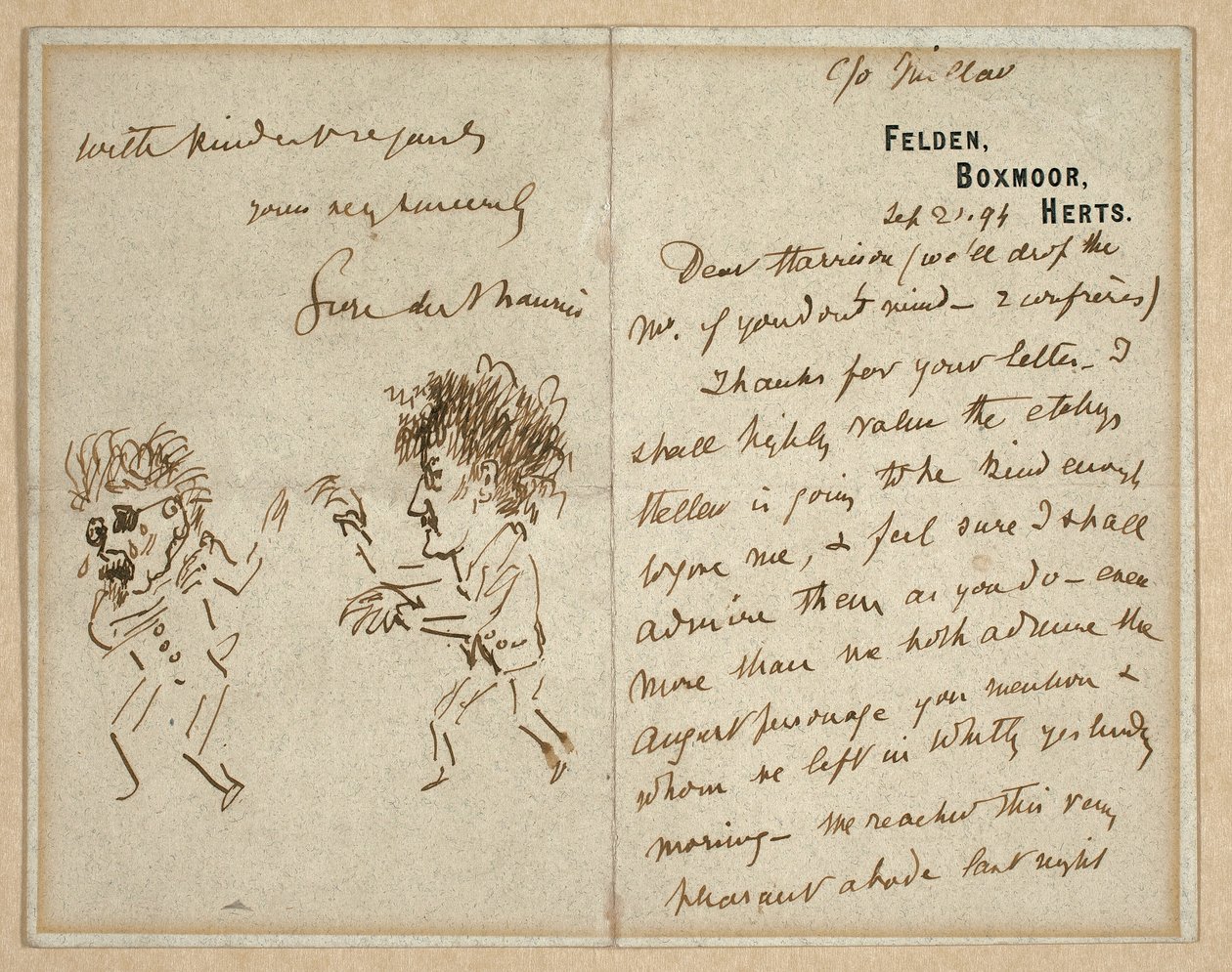 Brief met tekening van Whistler die Du Maurier bedreigt door George du Maurier