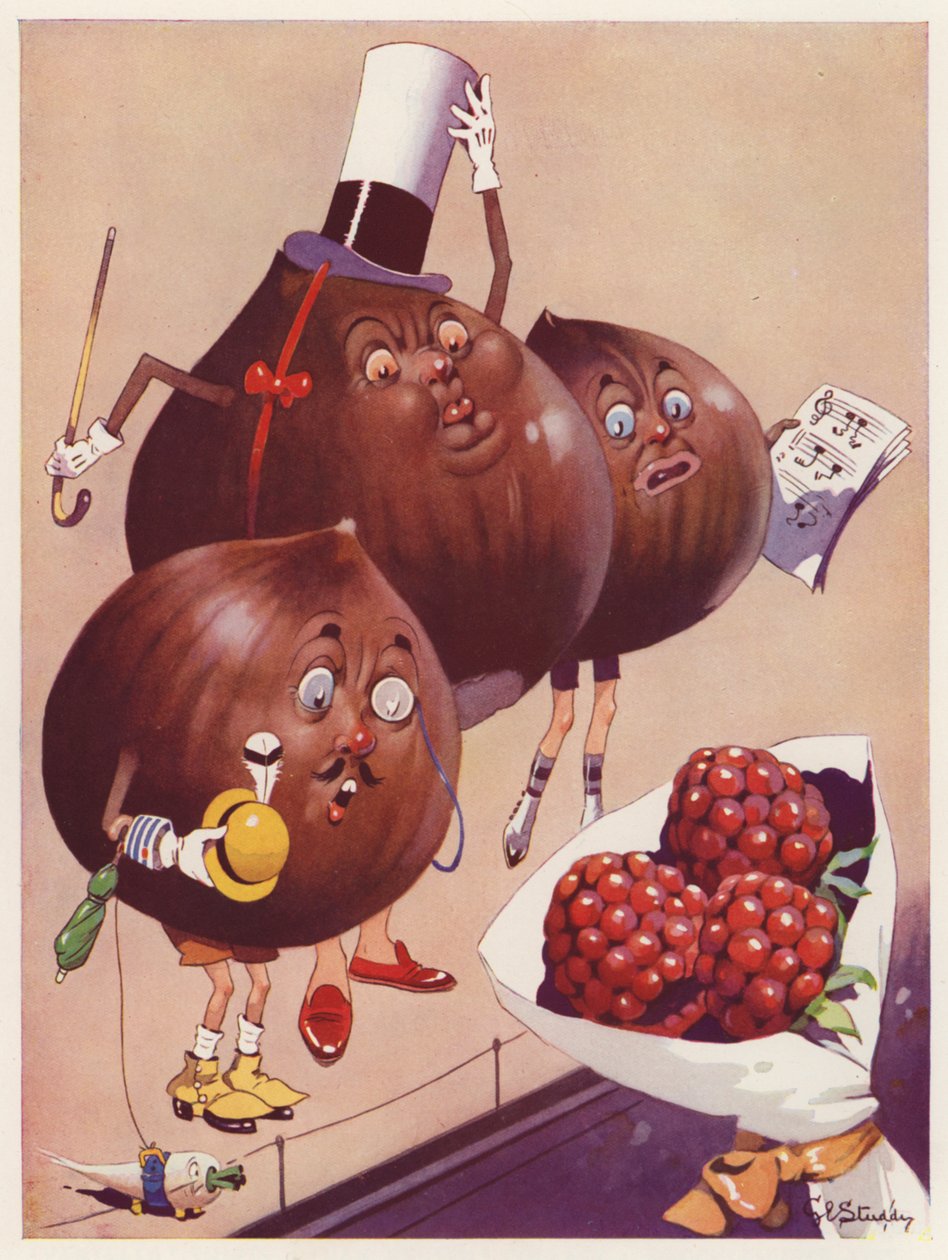 Kastanjes en een boeket frambozen (kleurenlitho) door George Ernest (after) Studdy