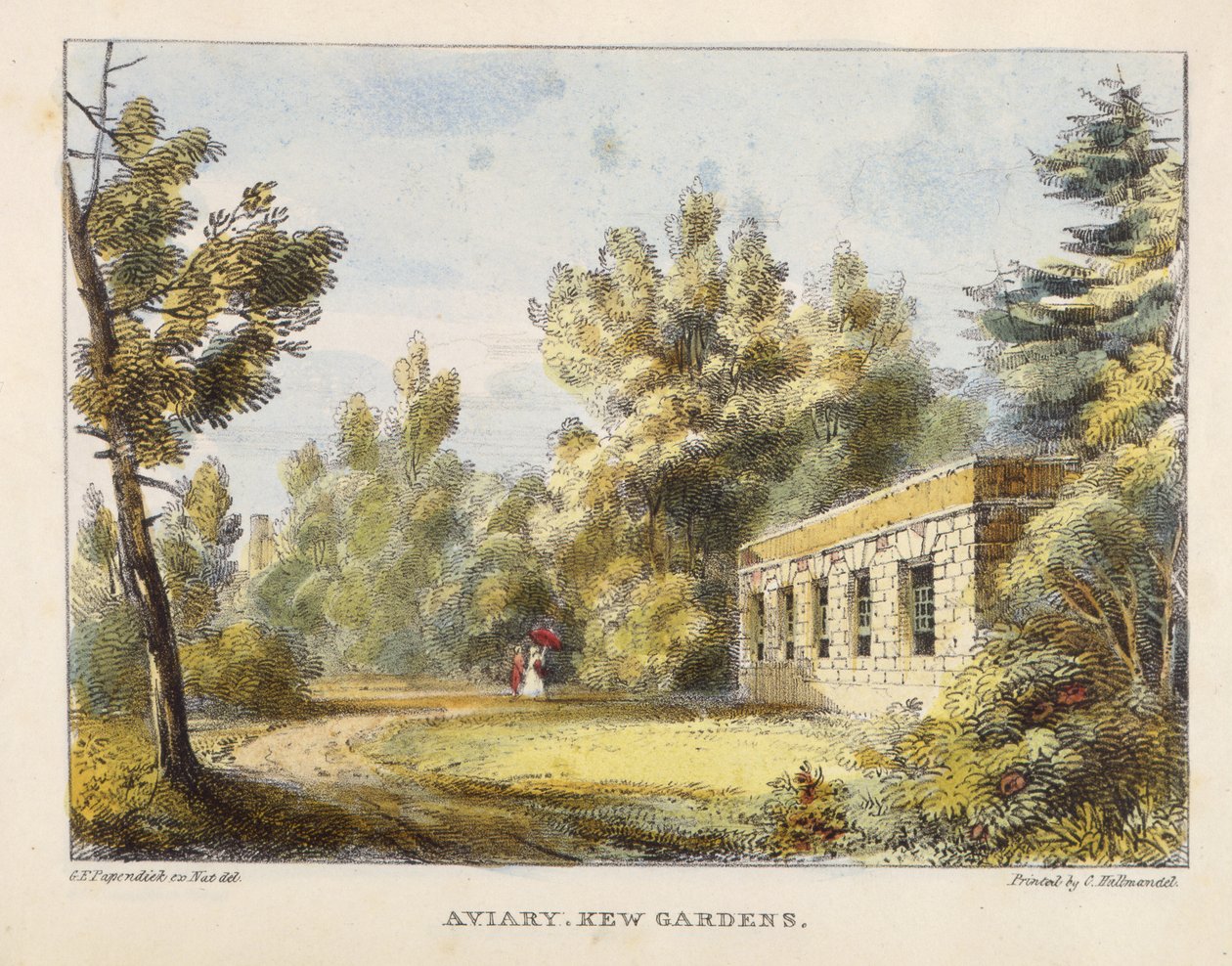 Volière, Kew Gardens, plaat 10 uit Kew Gardens: Een Serie van Vierentwintig Tekeningen op Steen, gegraveerd door Charles Hullmandel (1789-1850) gepubliceerd 1820 door George Ernest after Papendiek