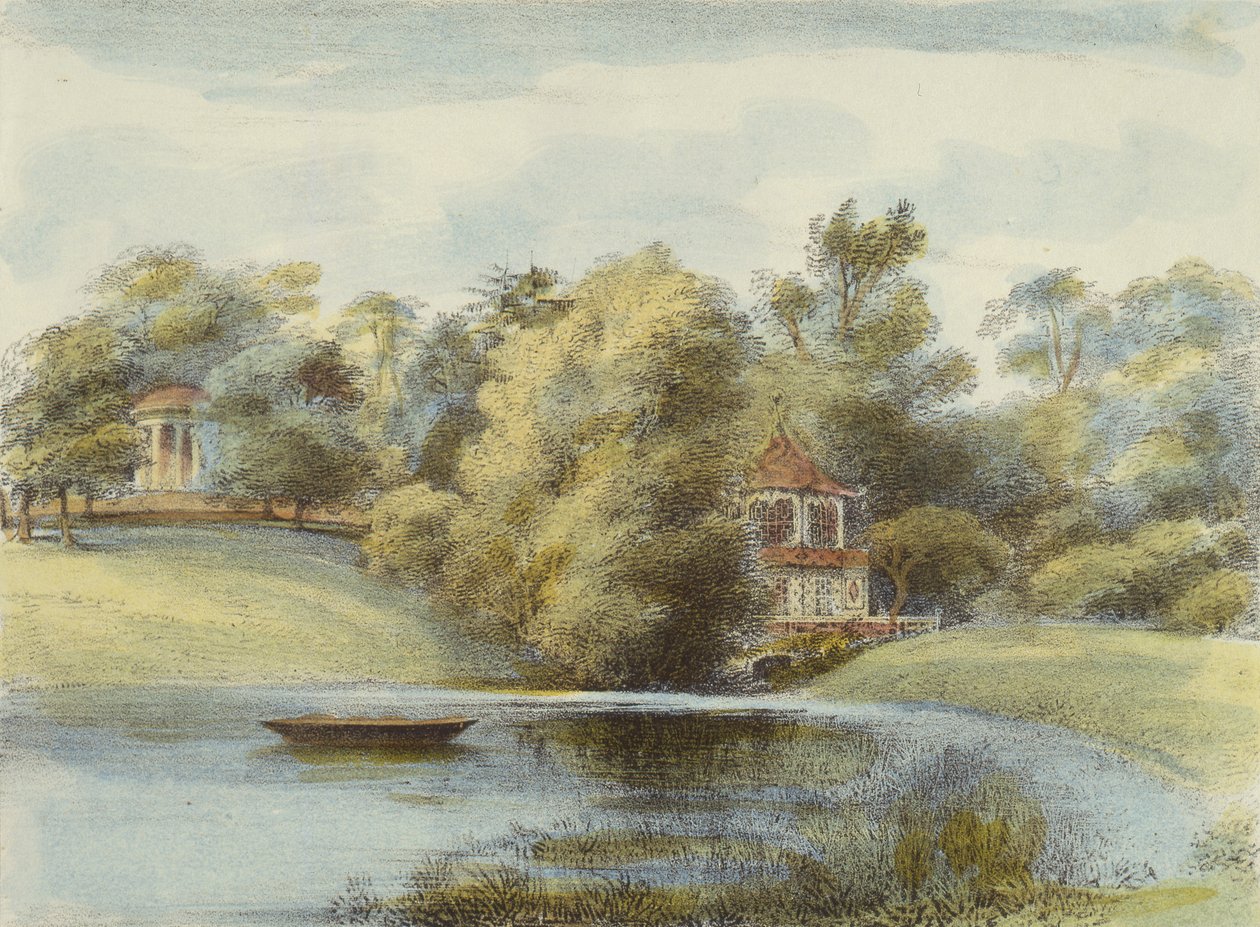 Chinese Tempel en Tempel van Eolus, Kew Gardens, plaat 16 uit Kew Gardens: Een Serie van Vierentwintig Tekeningen op Steen, gegraveerd door Charles Hullmandel (1789-1850) gepubliceerd 1820 door George Ernest after Papendiek