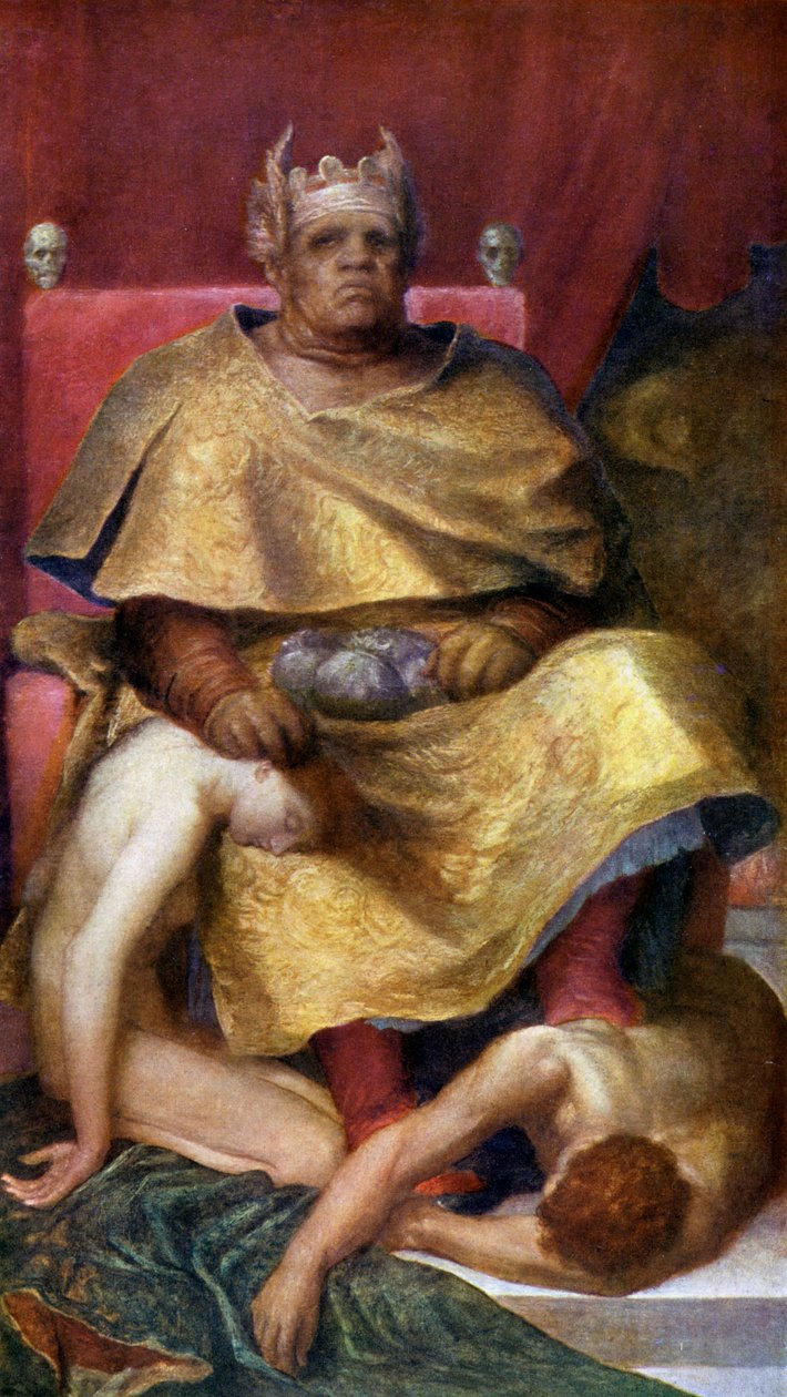 Mammom (kleurenlitho) door George Frederick (after) Watts