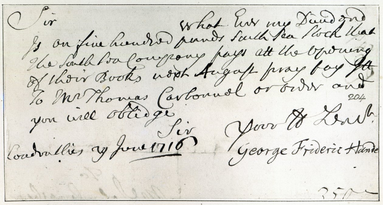 Brief geschreven door Handel, juni 1716 door George Frederick Handel