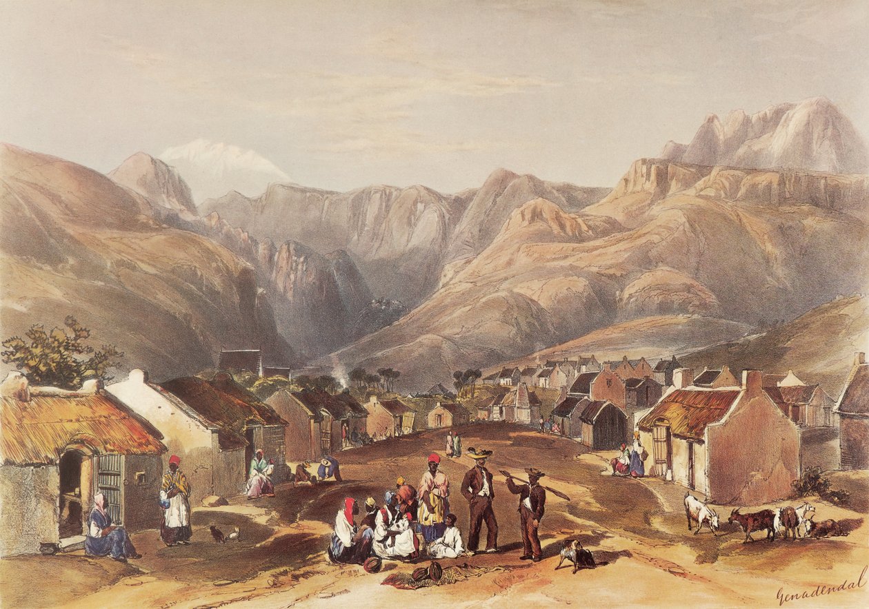 In de serene vallei van Genadendal ligt een bloeiend Hottentot-dorp door George French Angas
