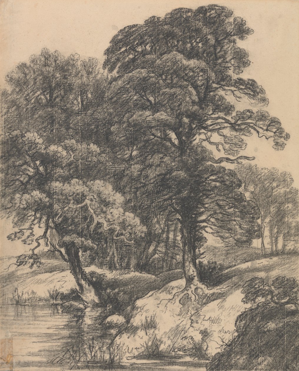 Een Bebost Landschap met Vijver door George Frost