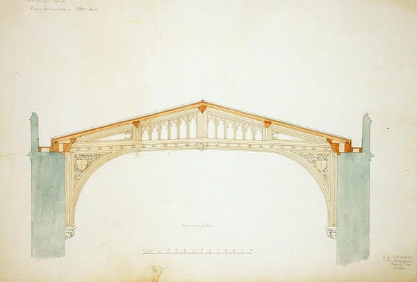 New College Oxford: Ontwerp voor nieuwe dak van de hal door George Gilbert Scott