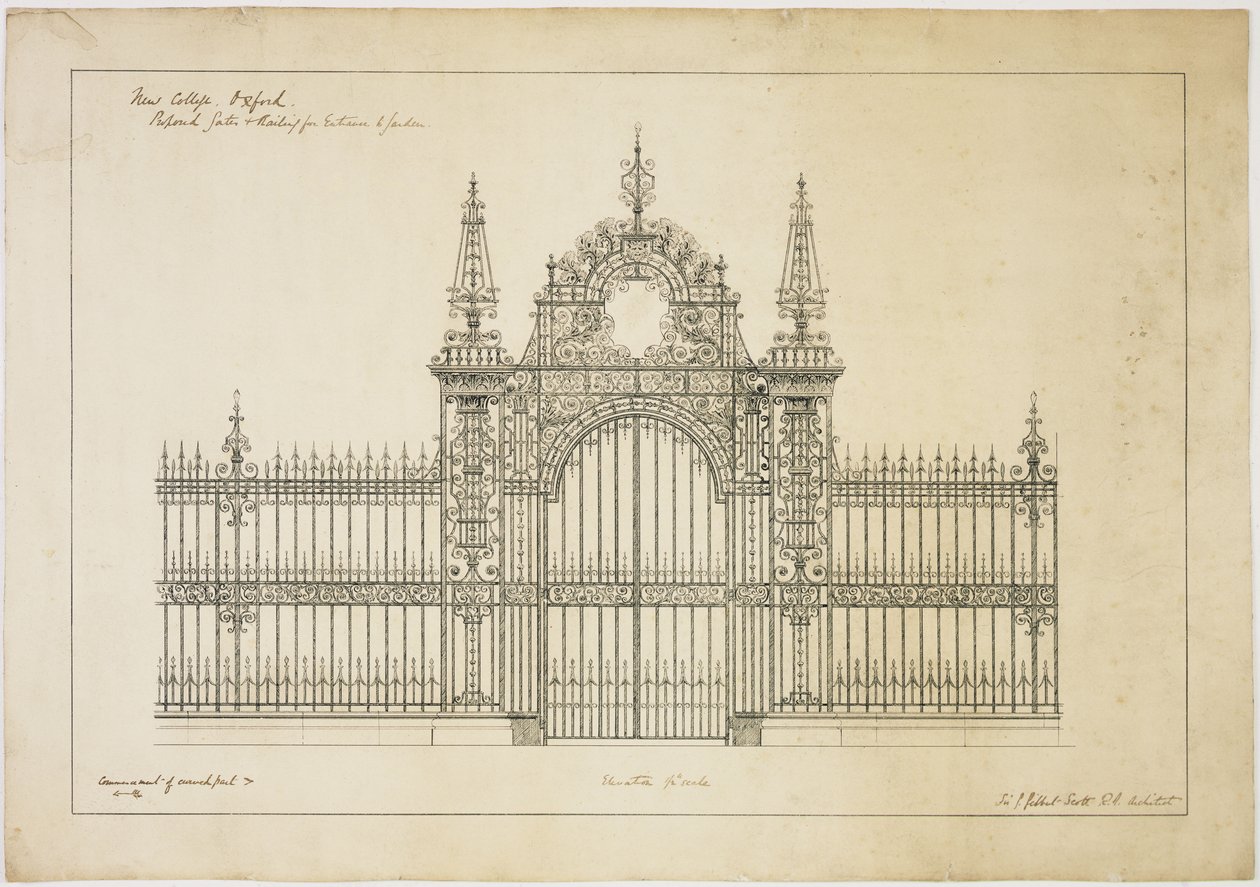 New College Oxford: Voorgestelde poorten en hekwerk voor ingang naar tuin door George Gilbert Scott