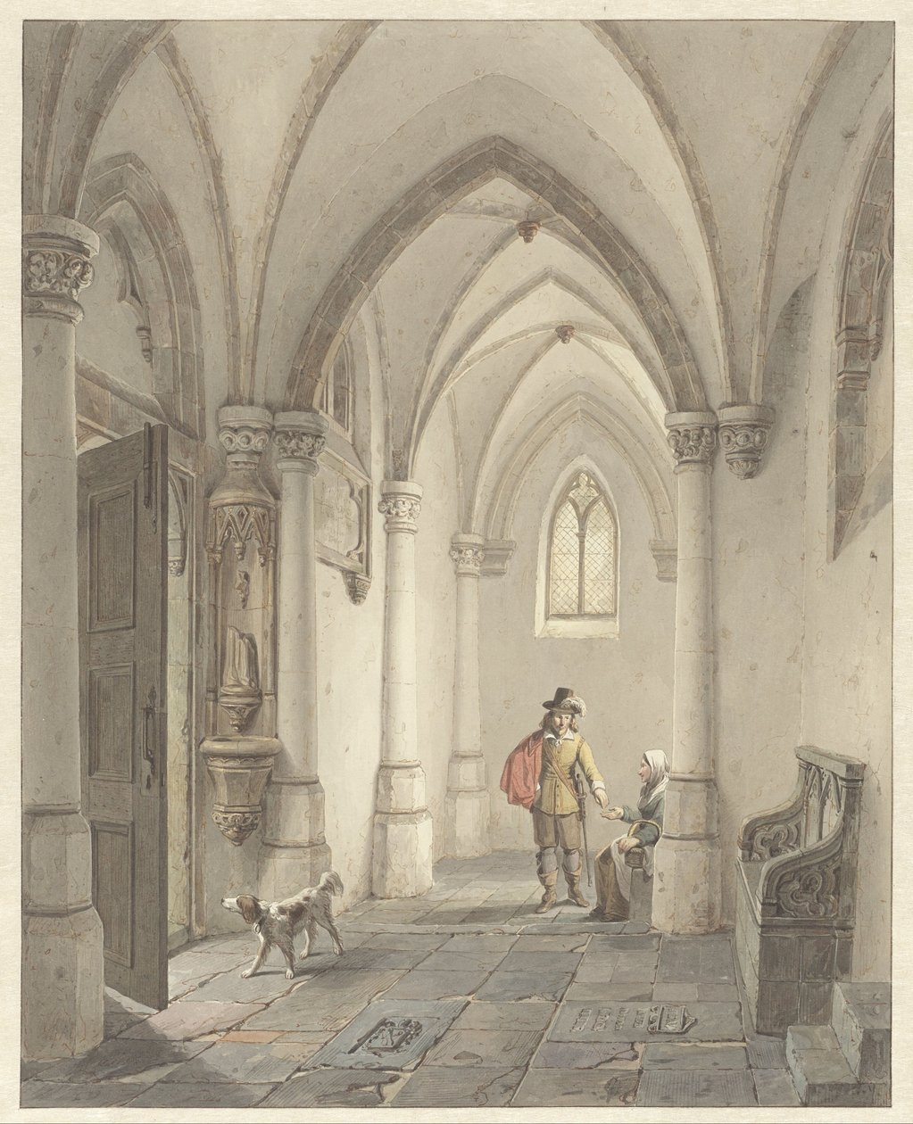 Kerkinterieur met man die bedelaarster een aalmoes geeft door George Gillis Haanen