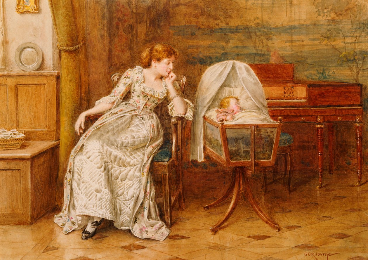 Een Interieur met een Moeder en Kind door George Goodwin Kilburne