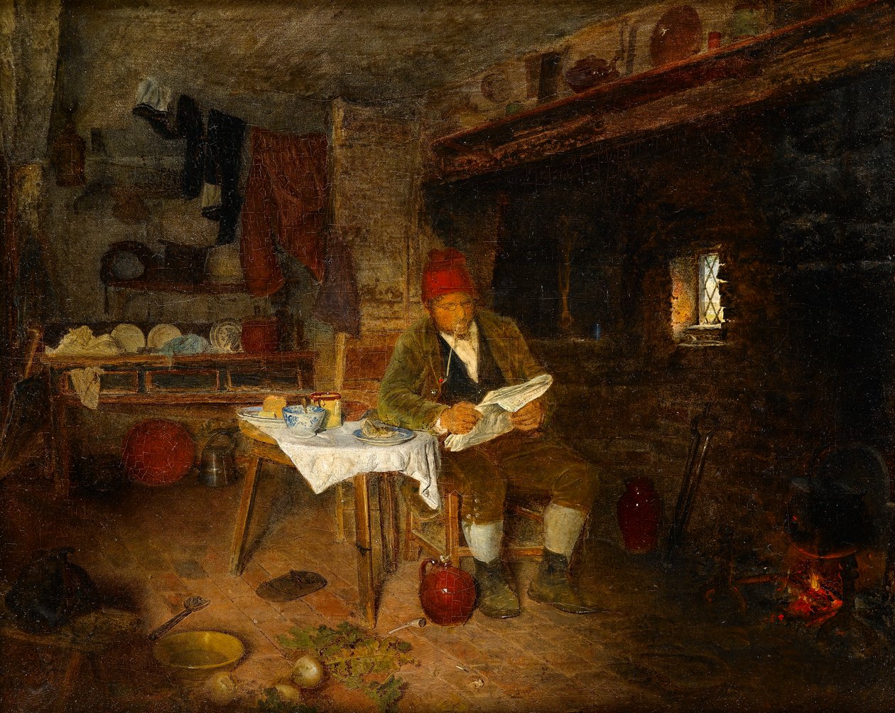 Een rustiek huis: Het nieuws lezen, 1855 door George Hardy