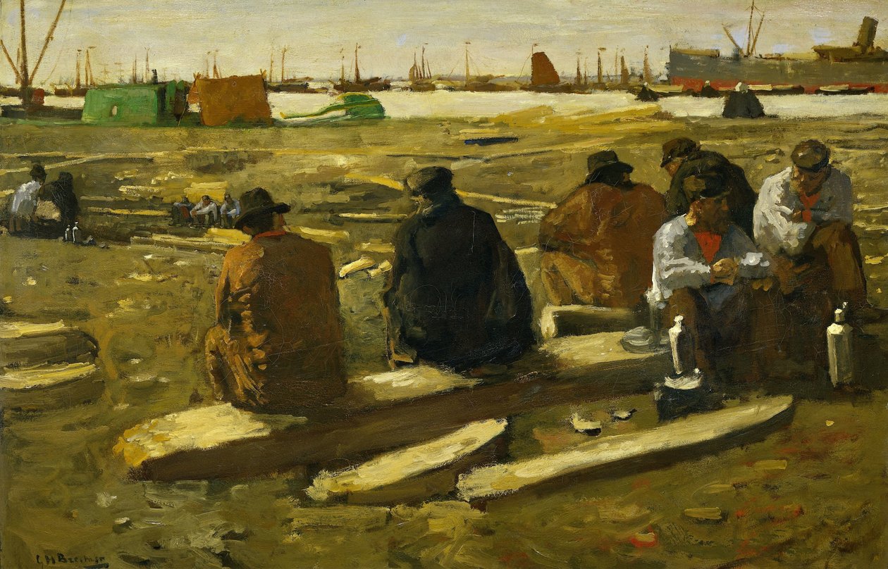 Lunchpauze op de bouwplaats aan de Van Diemenstraat in Amsterdam door George Hendrik Breitner
