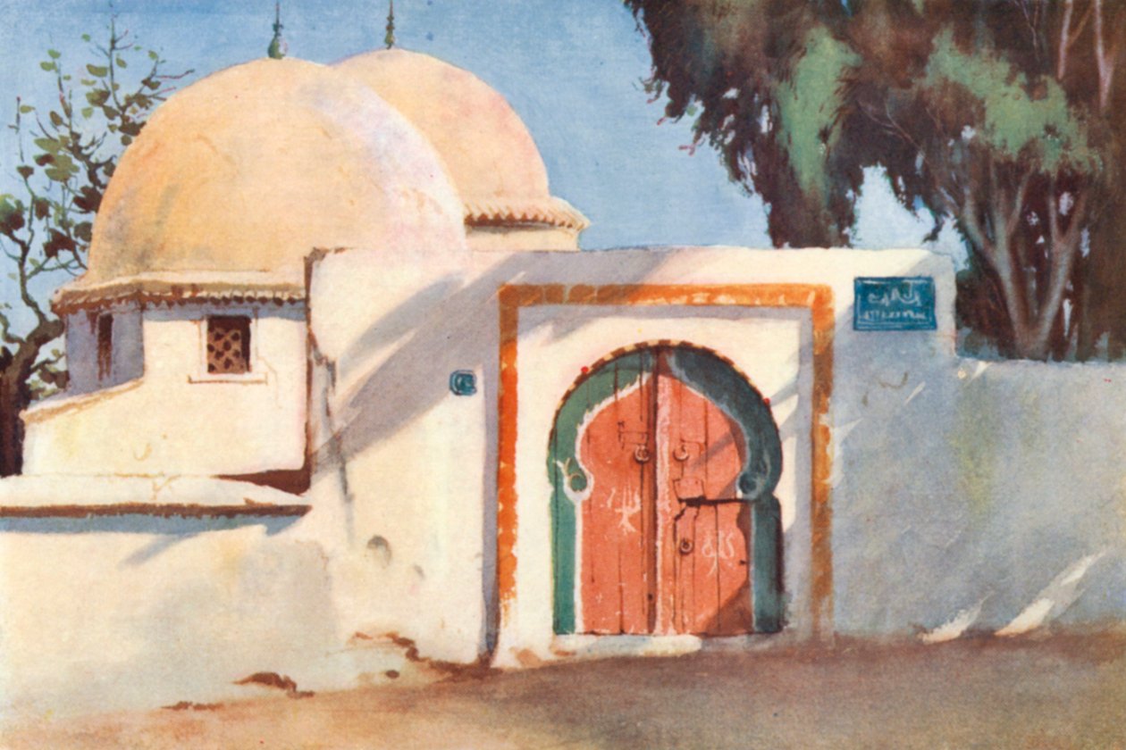 Een Marabout- of heiligengraf in Tunis (kleurenlitho) door George Henry Benton Fletcher