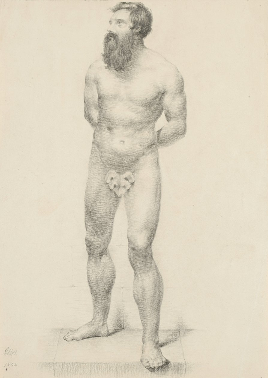 Zonder titel - Staand mannelijk naakt met vijgenblad, 1844 (grafiet op buff papier) door George Henry Hall