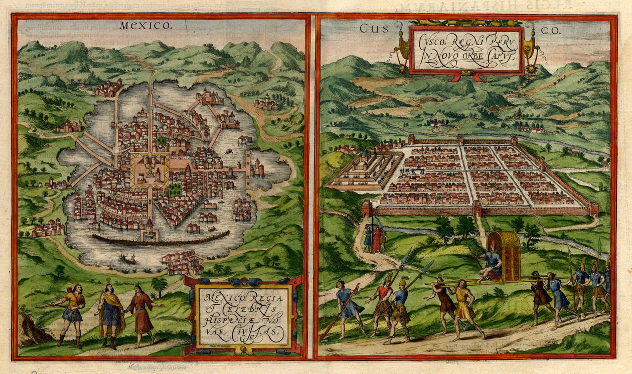 Uitzicht op Mexico Stad (voorheen Tenochtitlán) en Cusco door George & Hogenberg Frans & Pinet Antoine du Braun