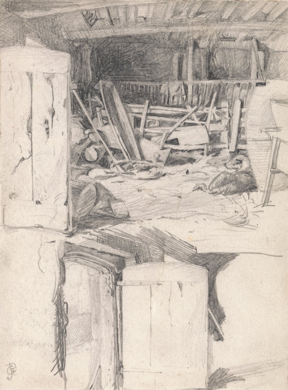Studie voor "De Gans", 1867: Interieur van een Schuur door George John Pinwell