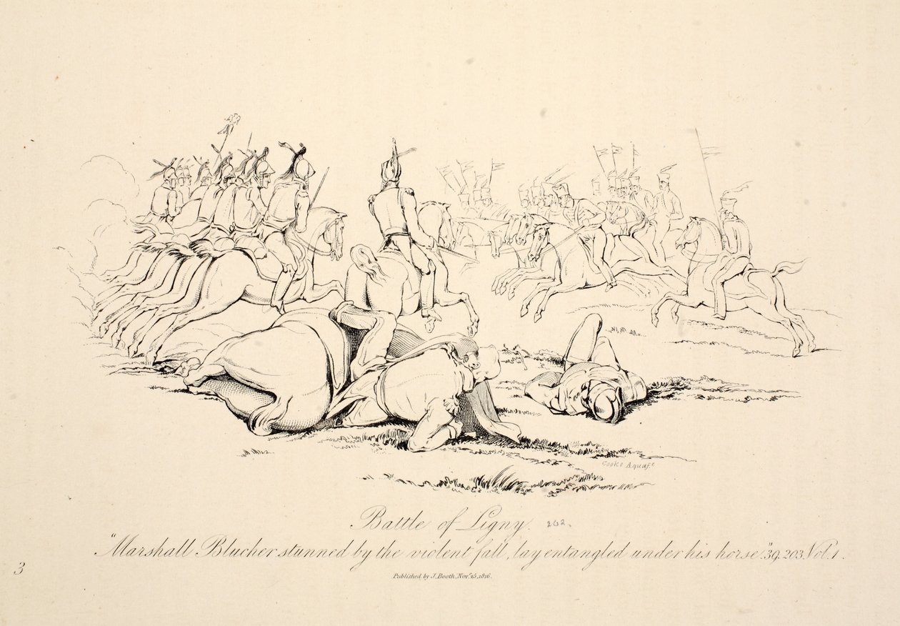 Slag bij Ligny: Maarschalk Blücher beduusd door de val lag verstrikt onder zijn paard, gepubliceerd door J. Booth, 1816 door George Jones