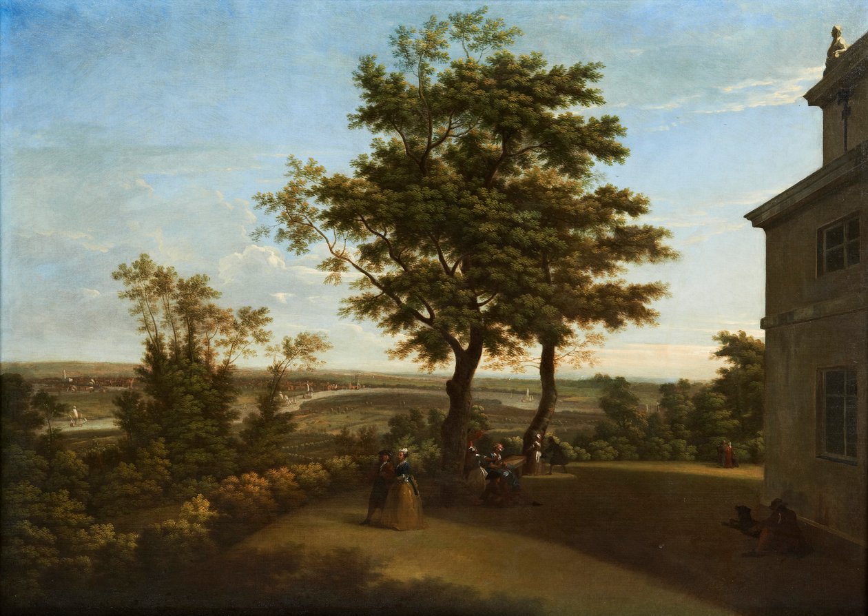 Westcombe House, uitzicht vanaf het terras, met Londen in de verte door George Lambert