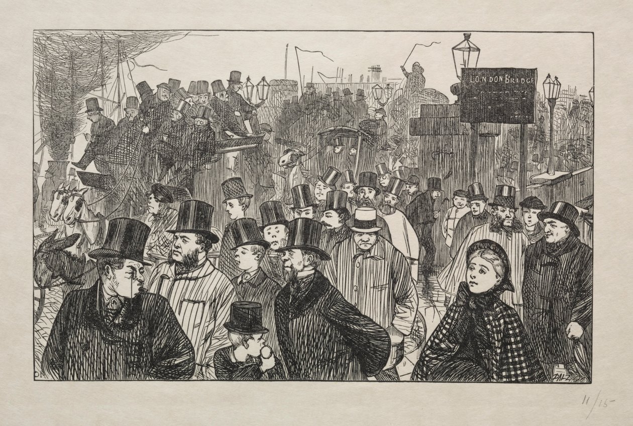 De levende stroom bij London Bridge - Op de brug, 1863 door George Louis Palmella Busson Du Maurier