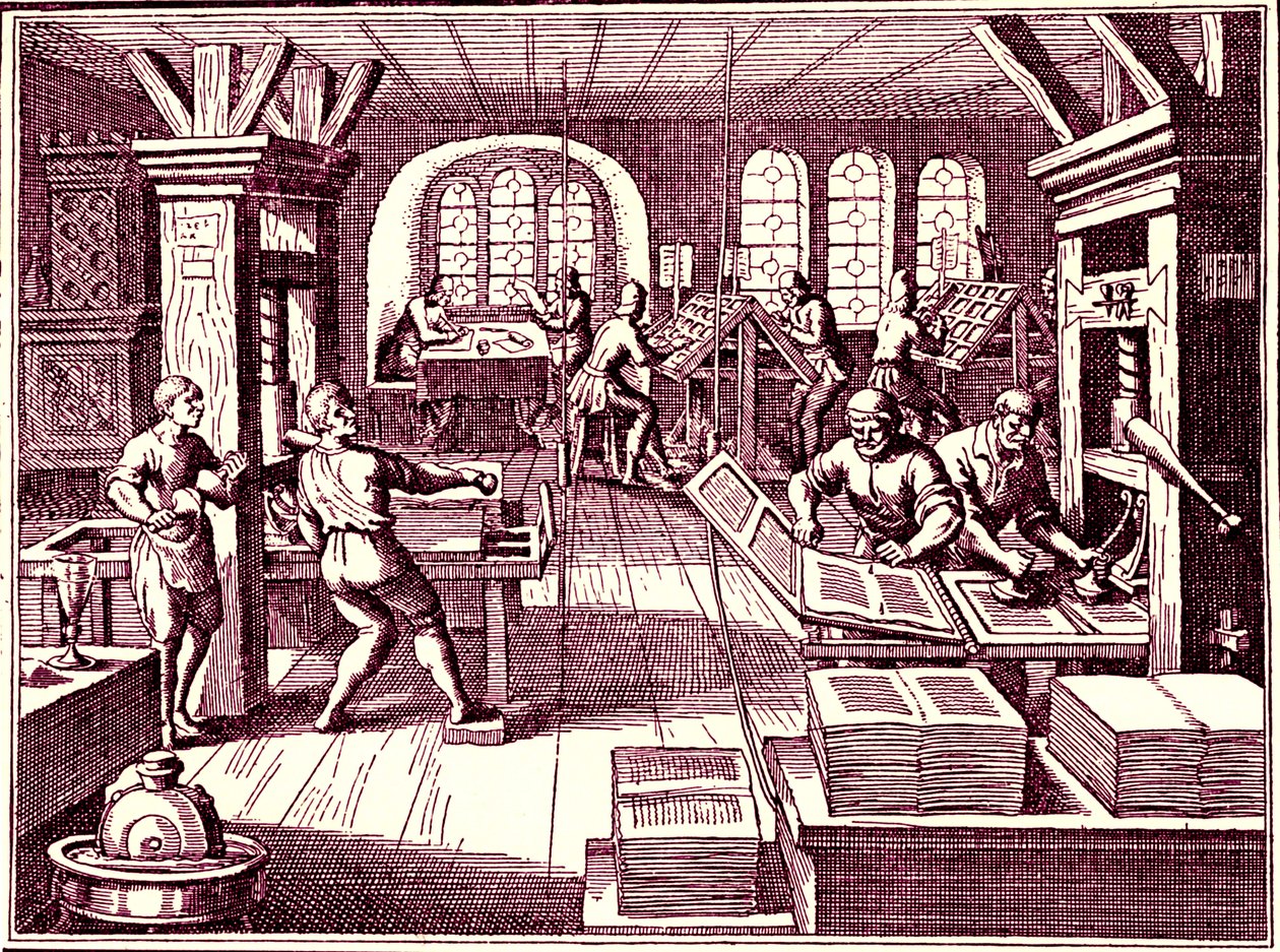 Binnen in een drukkerij, Duitsland 1619 door Bartolome Esteban and studio Murillo