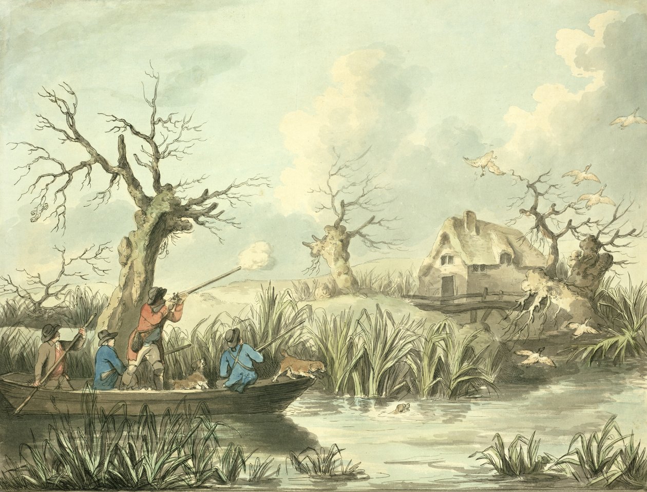 Eendenjacht, geëtst door Thomas Rowlandson (1756-1827), uitgegeven door J. Harris, 1789 (gekleurde ets) door George Morland