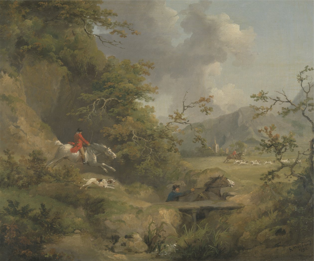 Vossenjacht in heuvelachtig gebied door George Morland