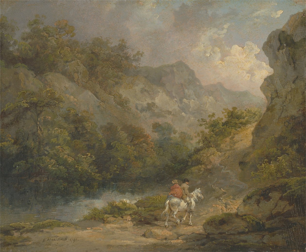Rotsachtig landschap met twee mannen te paard door George Morland