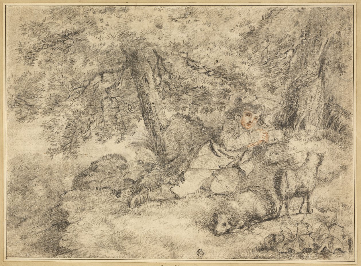 Herdersjongen met lammeren in het bos door George Morland