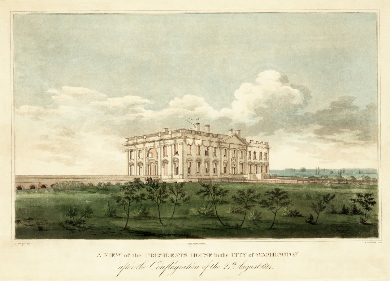 Een uitzicht op het Presidentenhuis in de stad Washington na de brand van 24 augustus 1814 door George Moutard Woodward